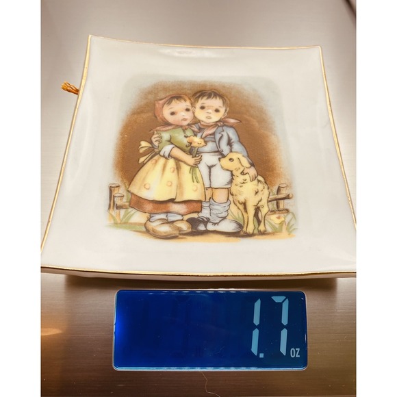 Vintage Goebel Hummel Style Porcelain Plate Trinket Dish Children Dog Gold - Picture 6 of 6